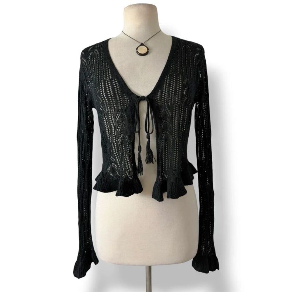 Black Whimsigoth Crochet Tie Front Ruffle Bell Sleeve Cardigan Shrug Small